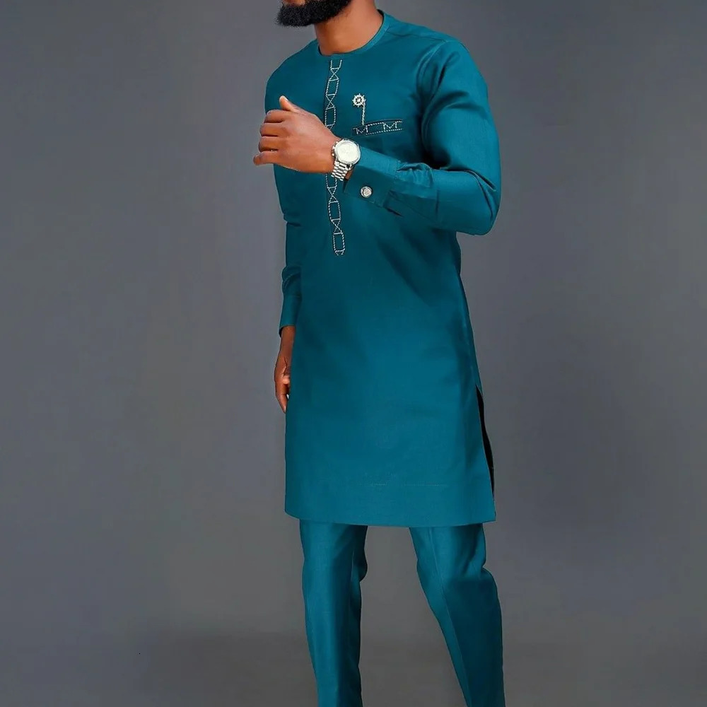 Summer African Mens Traditional Elegant Suits Outfit Dashiki 2Pcs Shirt Pants Full Set Clothes Abaya Costume 241031