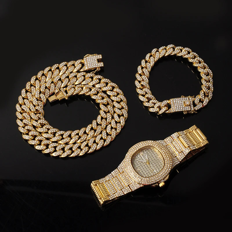 Necklace WatchBracelet Hip Hop Miami Curb Cuban Chain Silver Color Full Iced Out Paved Rhinestones CZ Bling For Men Jewelry 240323