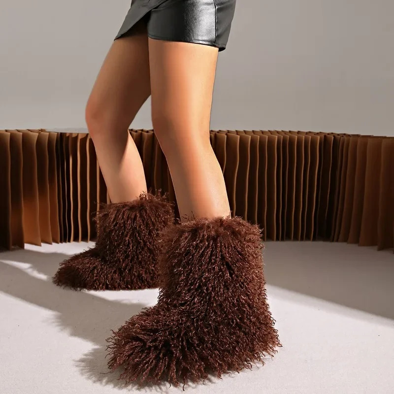 New Winter Boots Womens Teddy Fur Snow Boots Fluffy and Warm Artificial Wool Boots Plush Fashion Boots Womens Mongolian Fur Boots 241031