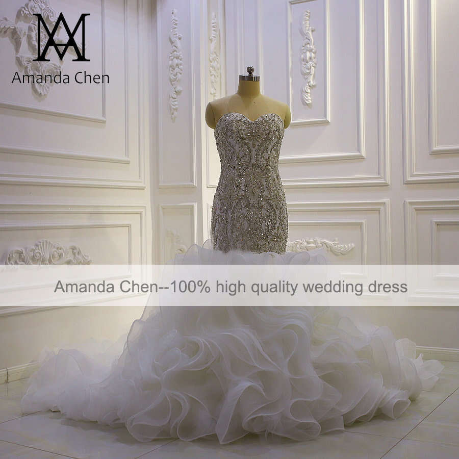 robe blanche Crystal Beading Ruffles Mermaid Strapless Wedding Dress