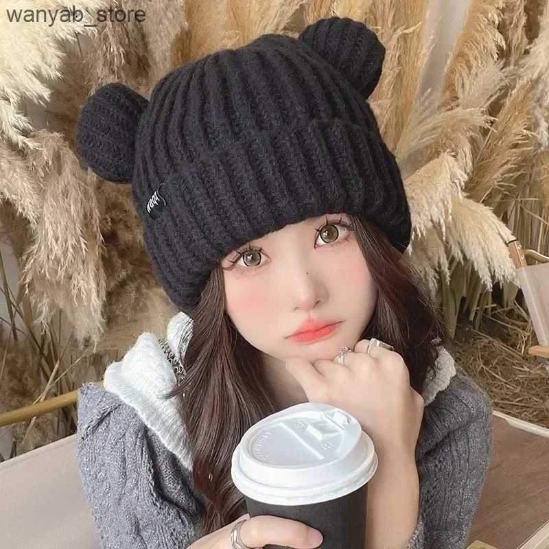 Wide Brim Hats Bucket Hats Korean Version Cute Teddy Bear Ear Knitted Hat Womens Autumn/winter Warmth Ear Protection Defense Cold Prevention Knitted H