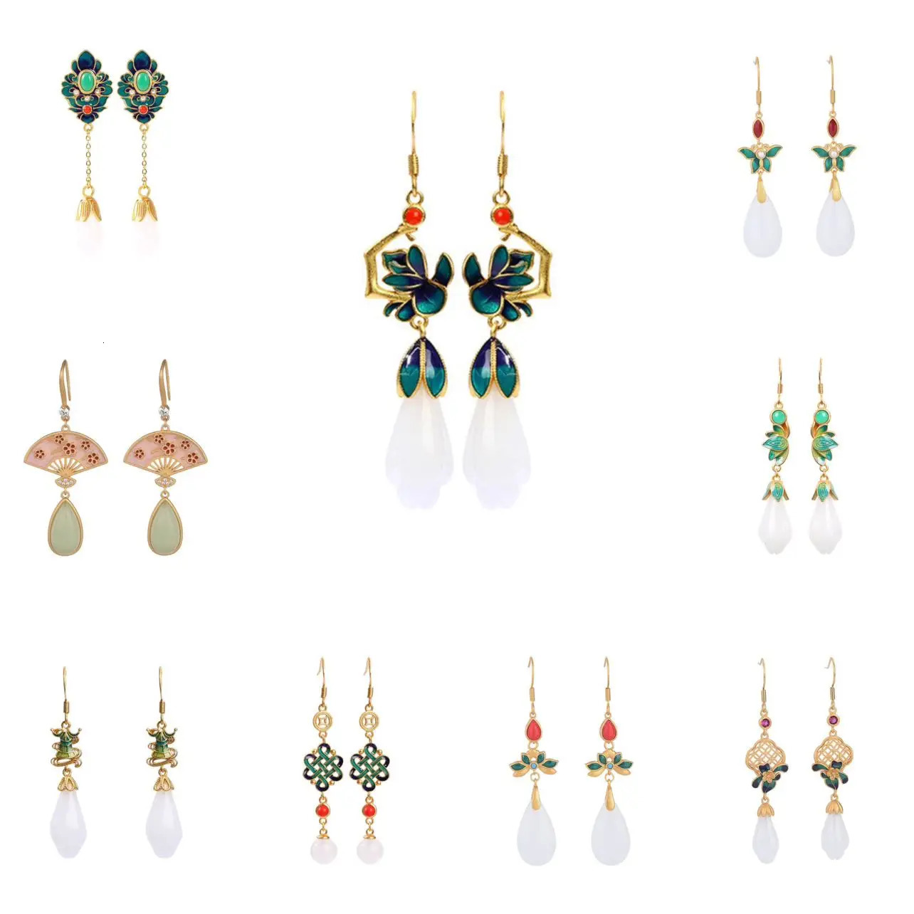 Vintage flower shaped jade pendant earrings suitable for womens traditional Chinese enamel jewelry charm n elegant and creative gifts 241031