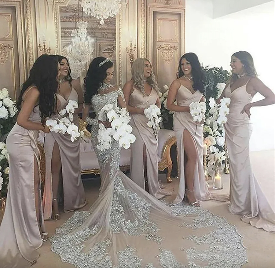 Luxury Sparkly 2024 Mermaid Wedding Dress Sexy Sheer Bling Beads Lace Applique High Neck Illusion Long Sleeve Champagne Trumpet Bridal Gowns