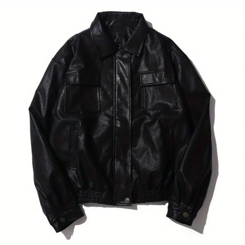 Japanese cargo jacket retro mens hip-hop street clothing Pilot PU leather collar jacket Spring and Autumn motorcycle cool jacket unisex 241031
