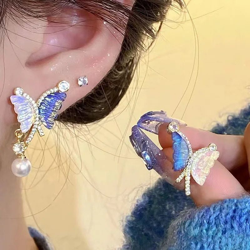 Korean Fishtail Pearl Tassel Earrings For Women Fashion Butterfly Wing Heart Asymmetry Sweet Earring Party Jewelry 241031