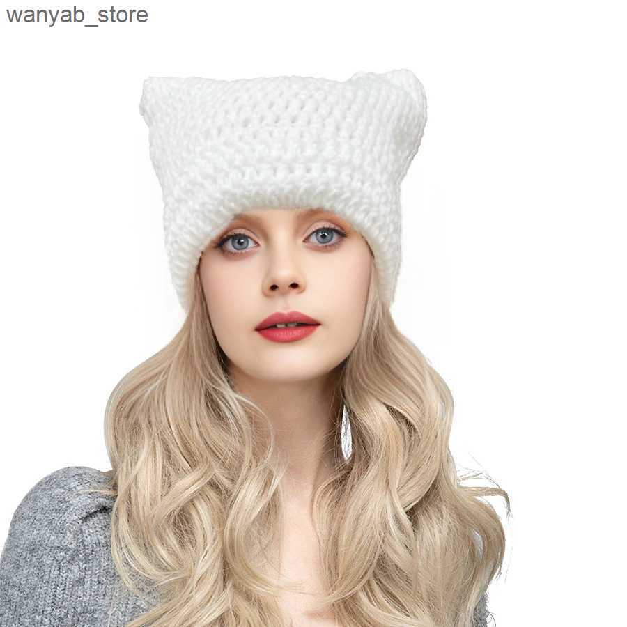 Wide Brim Hats Bucket Hats Cute Cat Ear Beanie Crochet Hats for Women Girl Knitted Y2K Striped Winter Warm Loose Fit Handmade HipHop Stylish Skullies 