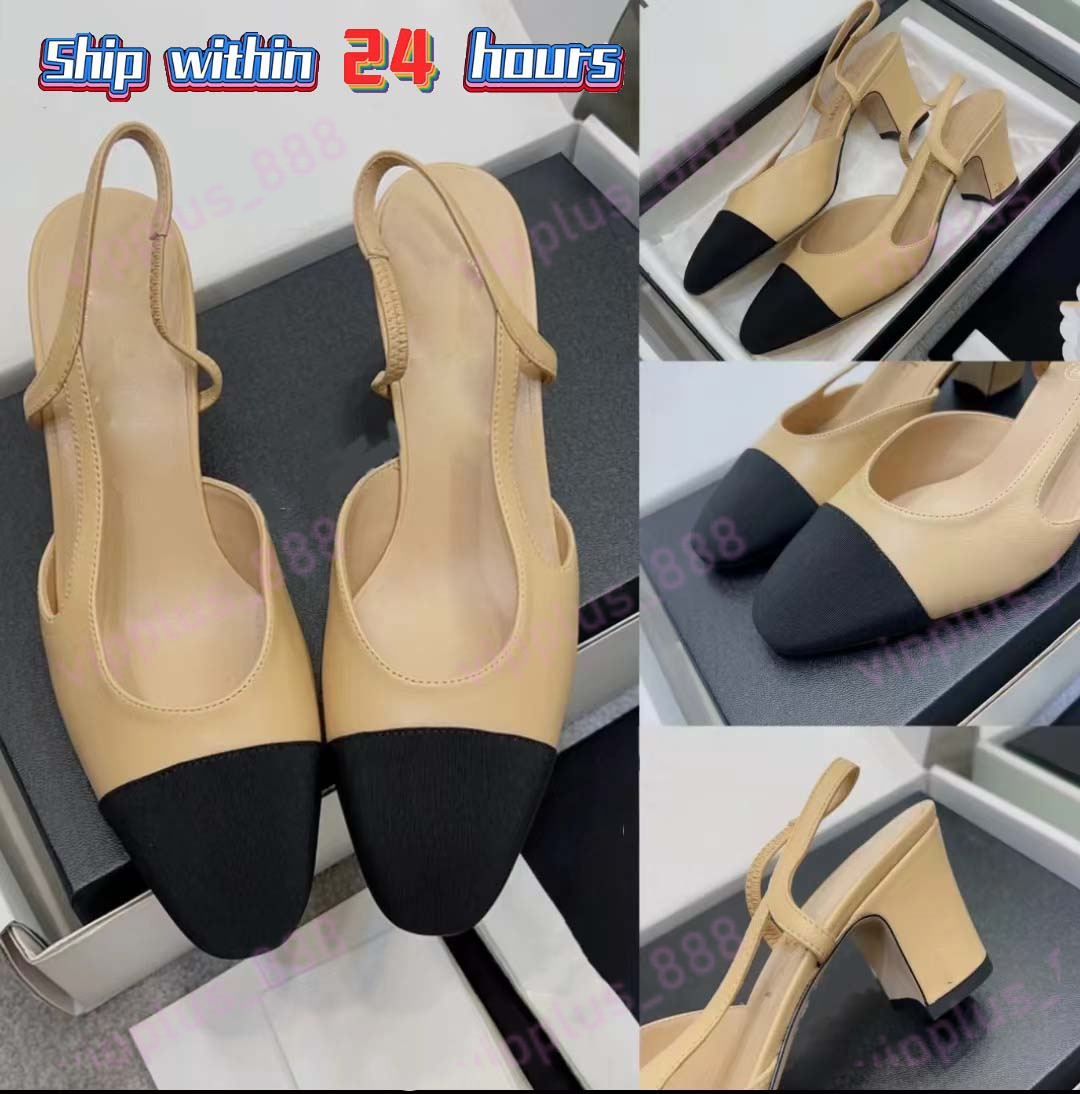 Slingback thick Sandals leather sole chunky block Heels flats Round toe High Quality Women's luxury designers wedding Dress shoes factory footwea Size 35-43