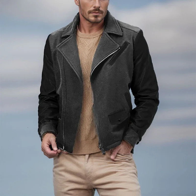 Autumn Winter Mens Casual Sports Loose Stand Collar PU Leather Color block Jacket Streetwear Fashion Zipup Lapel Jackets 241031