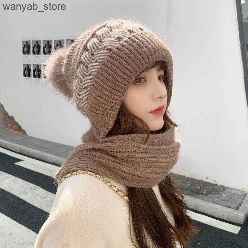 Wide Brim Hats Bucket Hats Scarf One Piece Hat Women Winter Cycling Windproof Woolen Hat outdoor Thickened Knitted Hooded Cap Shawl hats neck warmer b