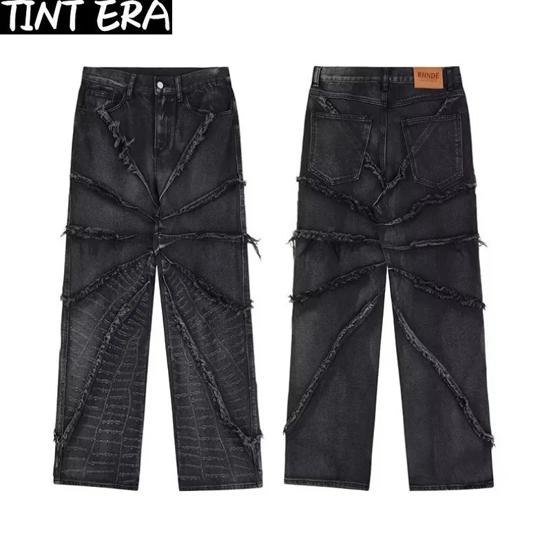 Y2K Punk Black American Street Rock Retro High Waist Oversized Jeans Men Raw Edge Washed Darkwear Wide Leg Trousers Men 240319