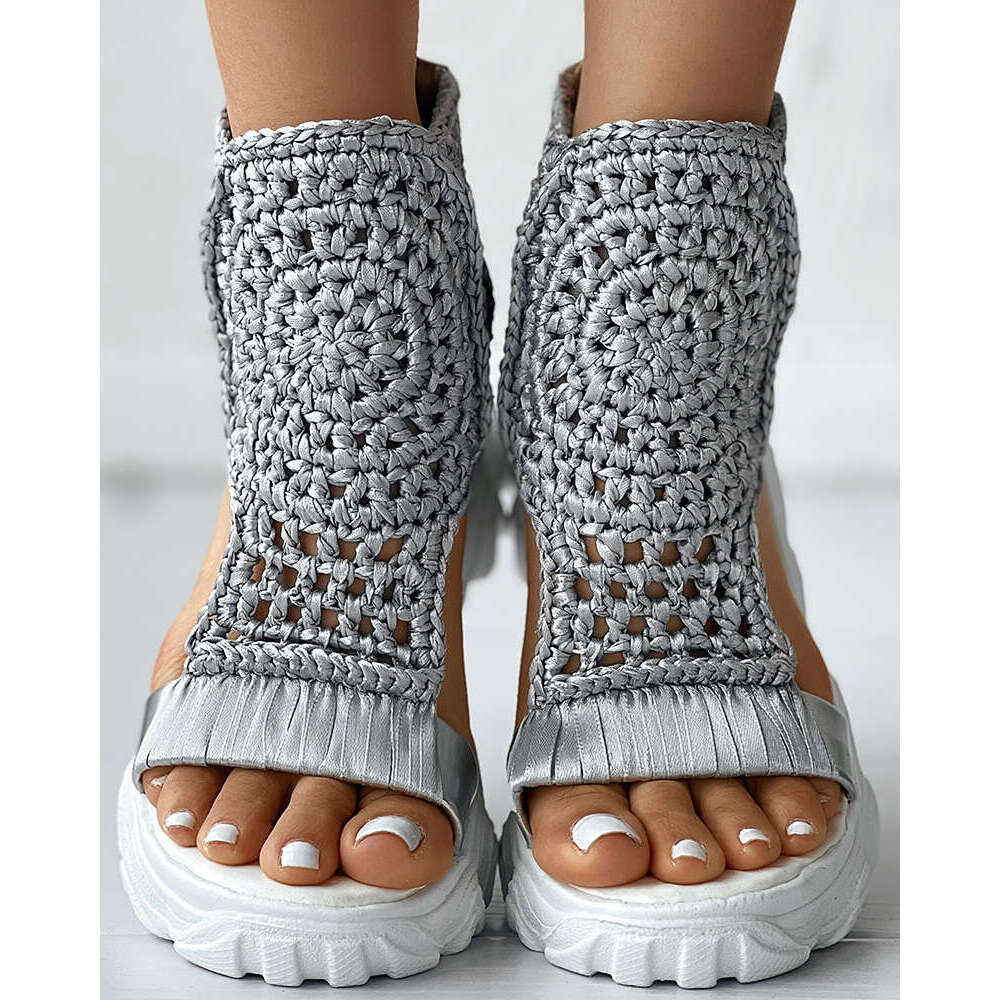 gold Knitted Woolen woman summer New Braided Elastic Shoes Mesh Flat Bottom Hollow Out Female Sandals Mujer