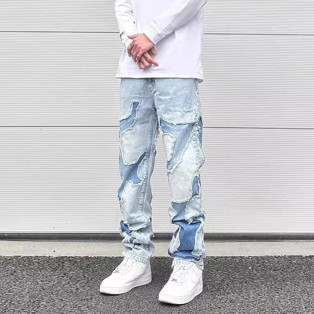 Streetwear Swag Style Blue Frayed Jeans Pants for Men Retro Washed Ripped Casual Tapered Denim Trousers Slim Fit Y2k Jean Male 241024