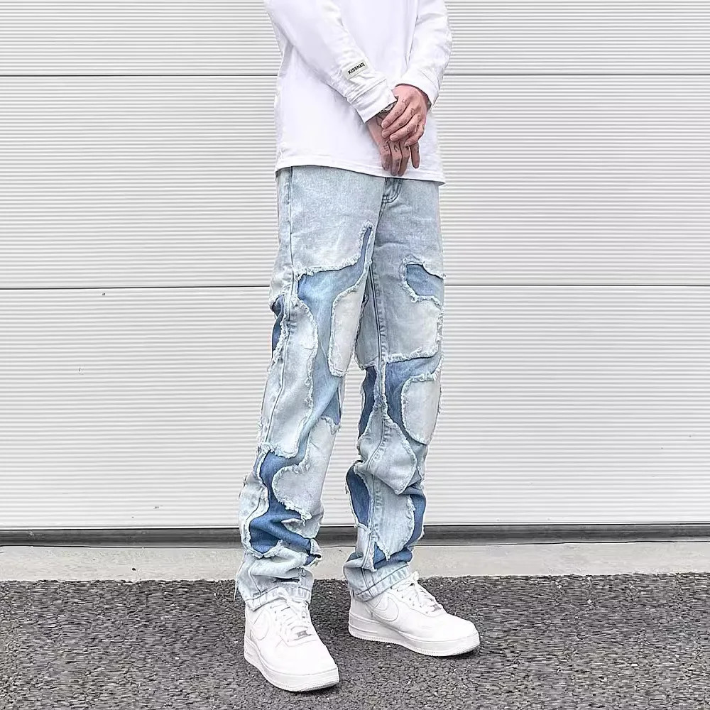 Streetwear Swag Style Blue Frayed Jeans Pants for Men Retro Washed Ripped Casual Tapered Denim Trousers Slim Fit Y2k Jean Male 241024
