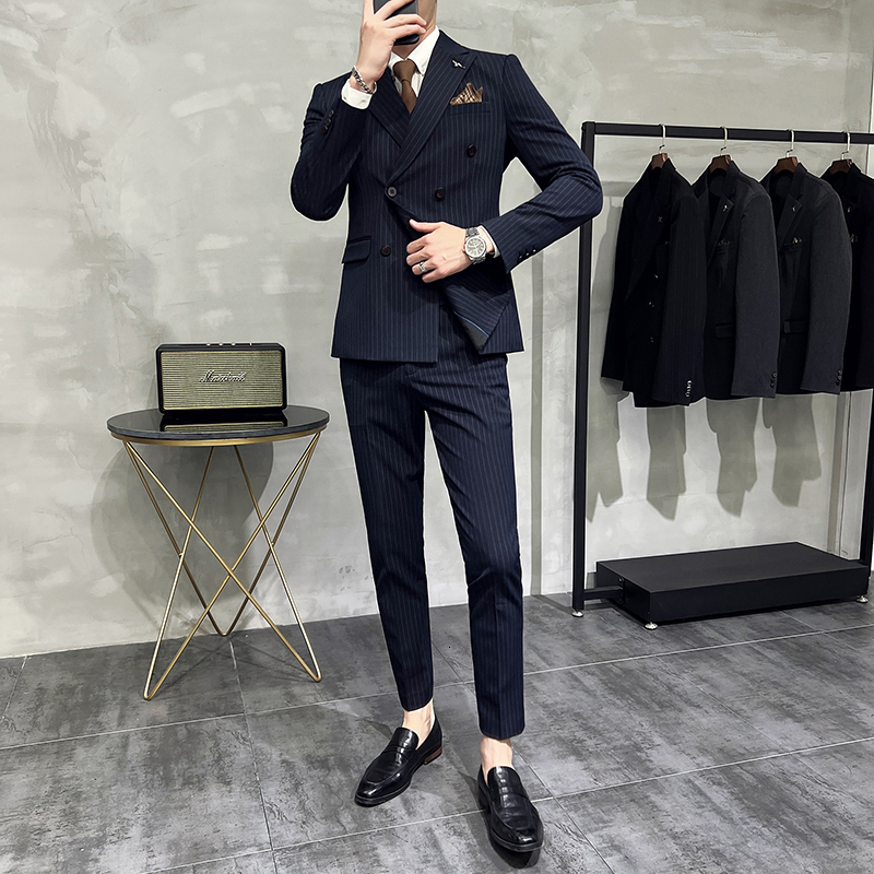 ( Blazer+Vest+Pants ) Groom Wedding Male Brand Fashion Striped Men's Casual Business Office Double Breasted Suit
