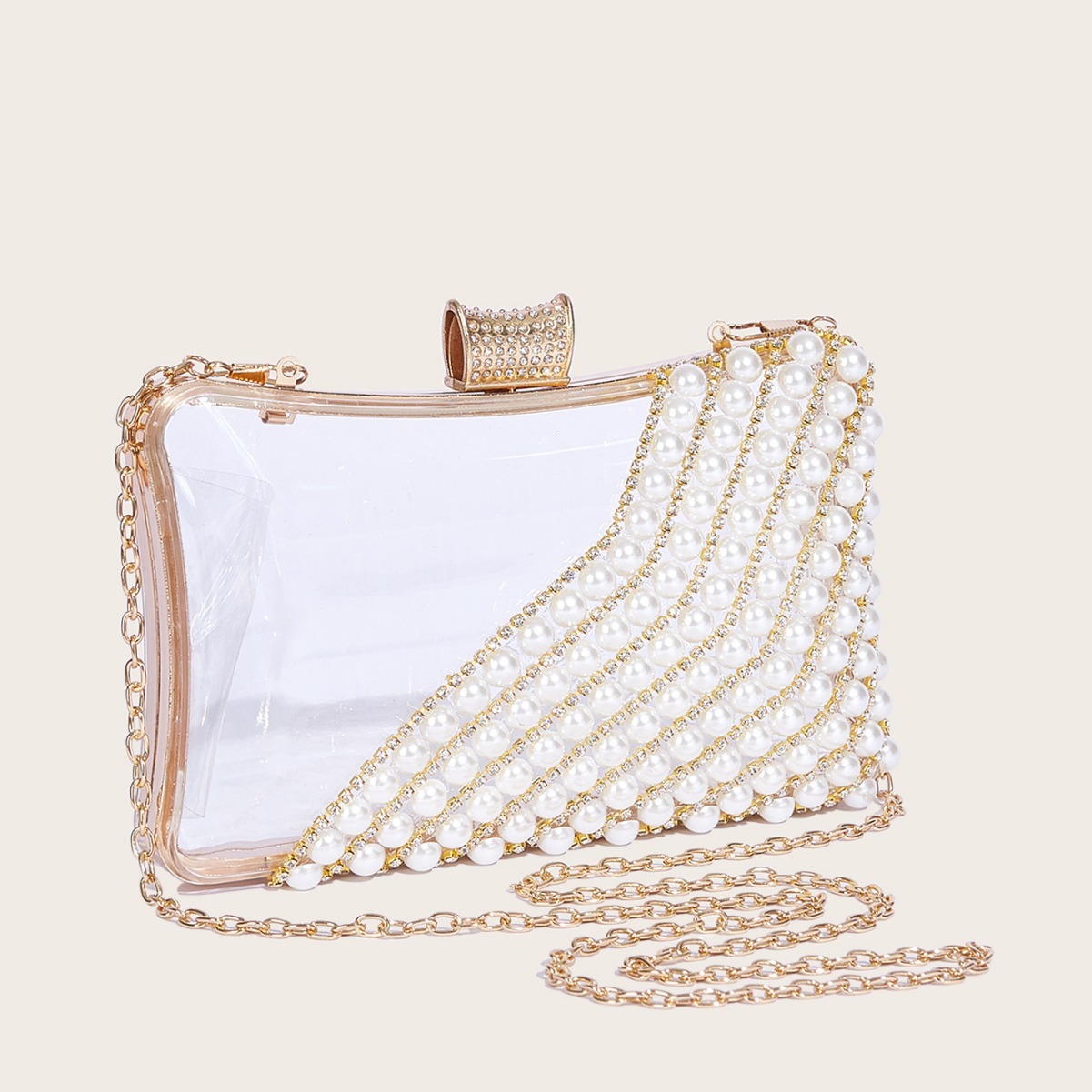 New transparent rhinestone decoration women's handheld small square bag pearl handbag new dining bag