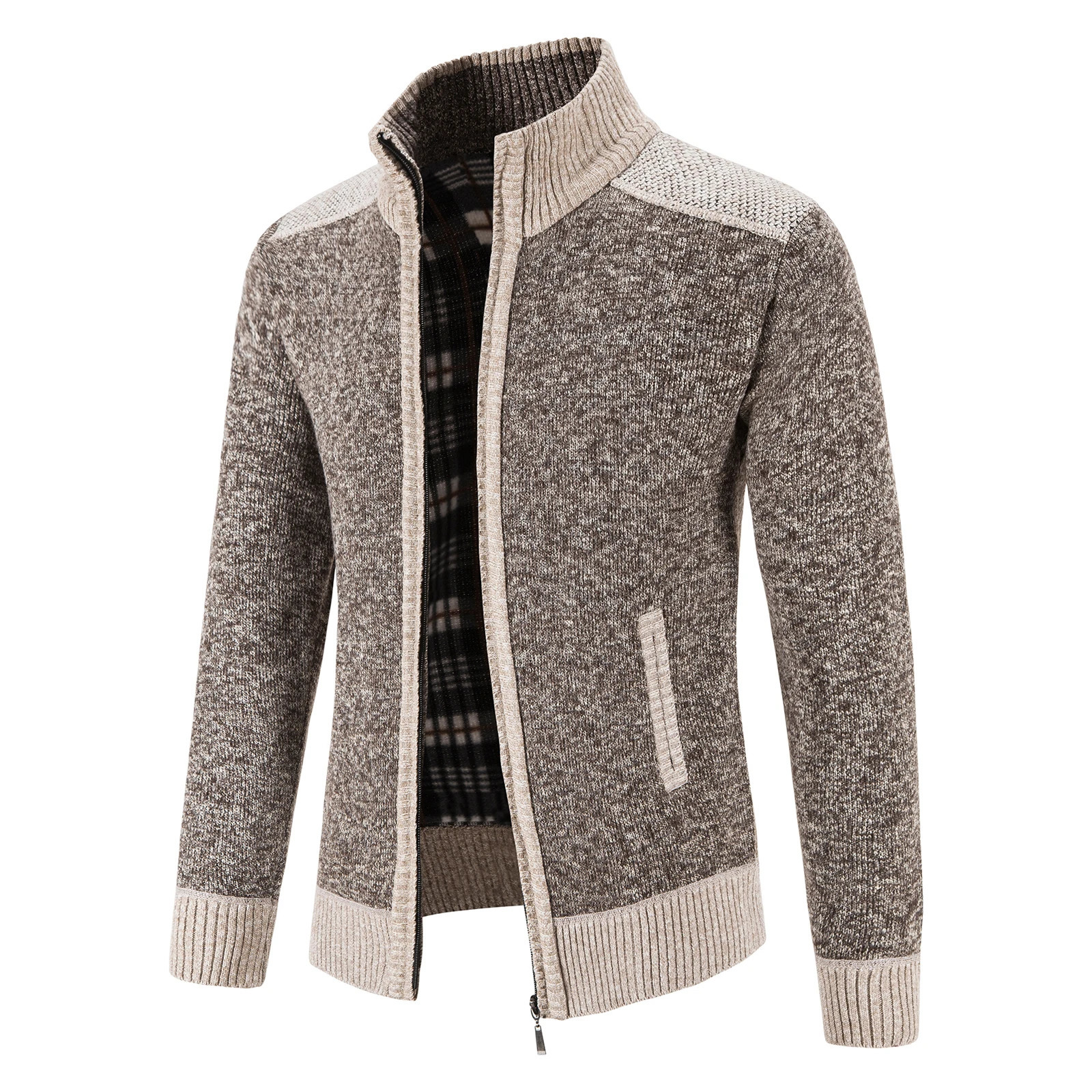 Autumn Winter Male Sweater Coat Knit Jumpers Fleece Warm Jacket Korean Mock Collar Patchworked Zip Windbreaker Mens Overcoat 241031