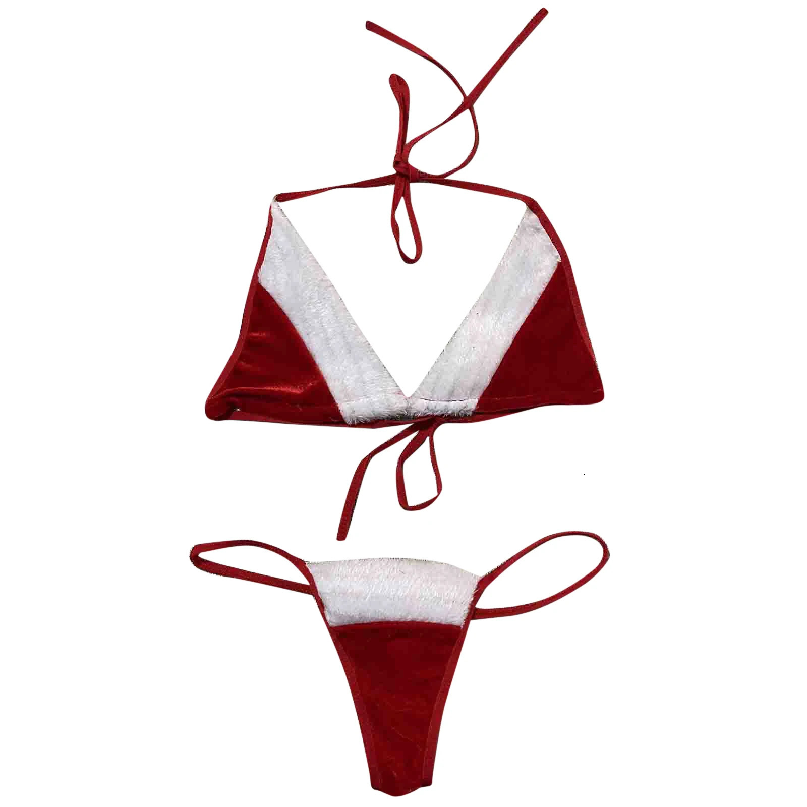 Christmas Santa Role Play Sexy Lingerie Sets Women Plush Low Cut Lace Up Bra With Thongs Xmas Chemise Sexy Underwear Sets 241031