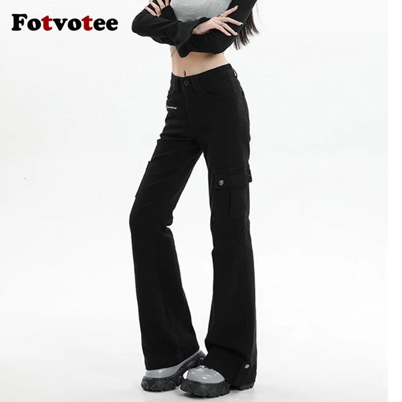 Fotvotee Cargo Pants Women Pocket Zipper Slim Flare Pants Stretch Korean Fashion Streetwear Spice Vintage Y2k Pants 241031