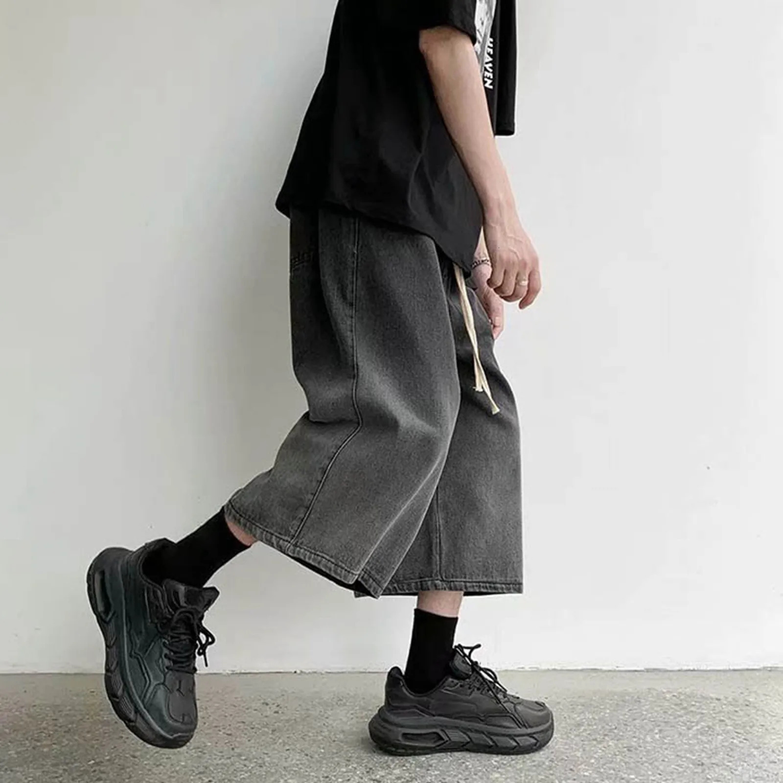 2024 Summer Mens Denim Shorts Casual Elastic Waist Wide Leg Drawstring Baggy Jeans Male 241024