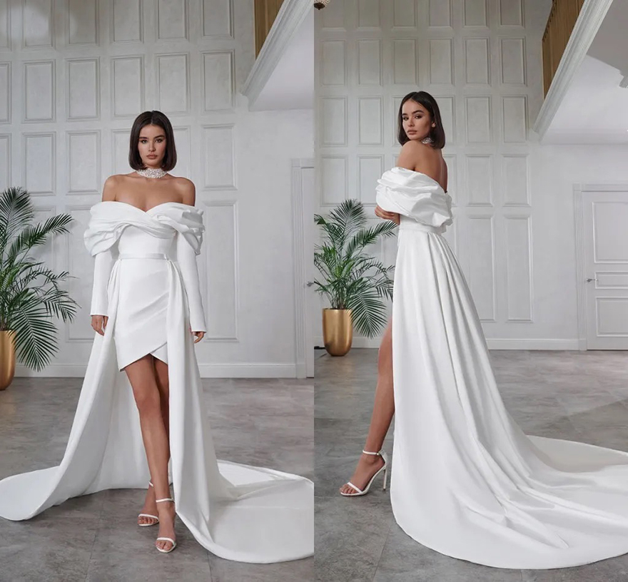Designer Sexy Off Shoulder Long Sleeved Sheath Wedding Dresses With Detachable Train Bridal Reception Party Dance Gowns Short Simple Bride Robes de Ma
