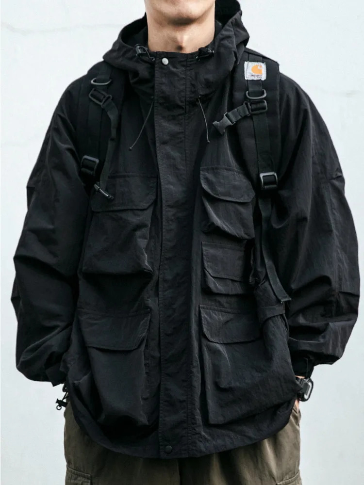 Multi pocket street clothing mountain hoodie jacket mens clothing Harajuku casual cargo jacket fashionable black jacket mens clothing 241031