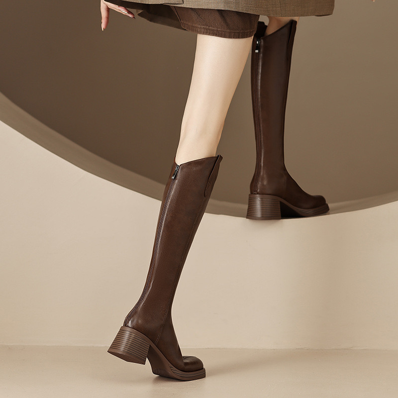 Leather Genuine Tall Women Thick Heels Knee High Boots Autumn Winter Warm Ladies Long Shoes Black Elegant Designer