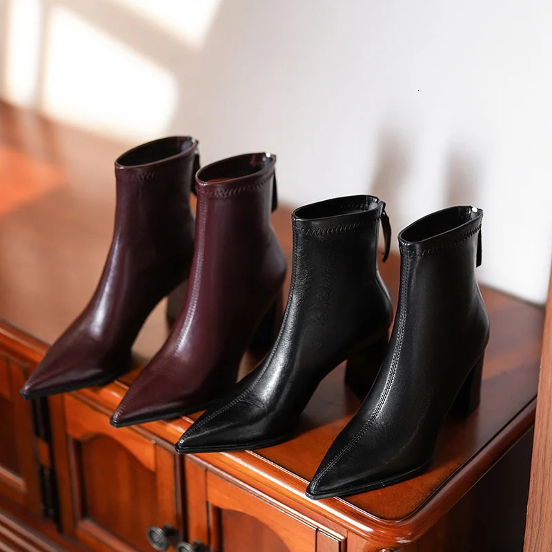 Bury Pointed Toe Boots Mid Calf Botas Chunky Heels Zippers Cozy Versatile Retro Black atos Mujer Autumn Winter Women Shoe 241031
