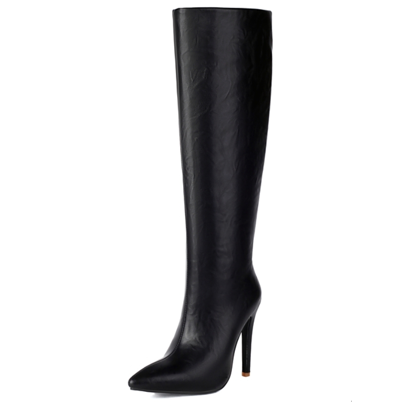 Women's Knee High Boots Sexy Point Toe Winter Black Brown Heeled Long Boot Ladies Party Footwear Shoes Large Size 45 48