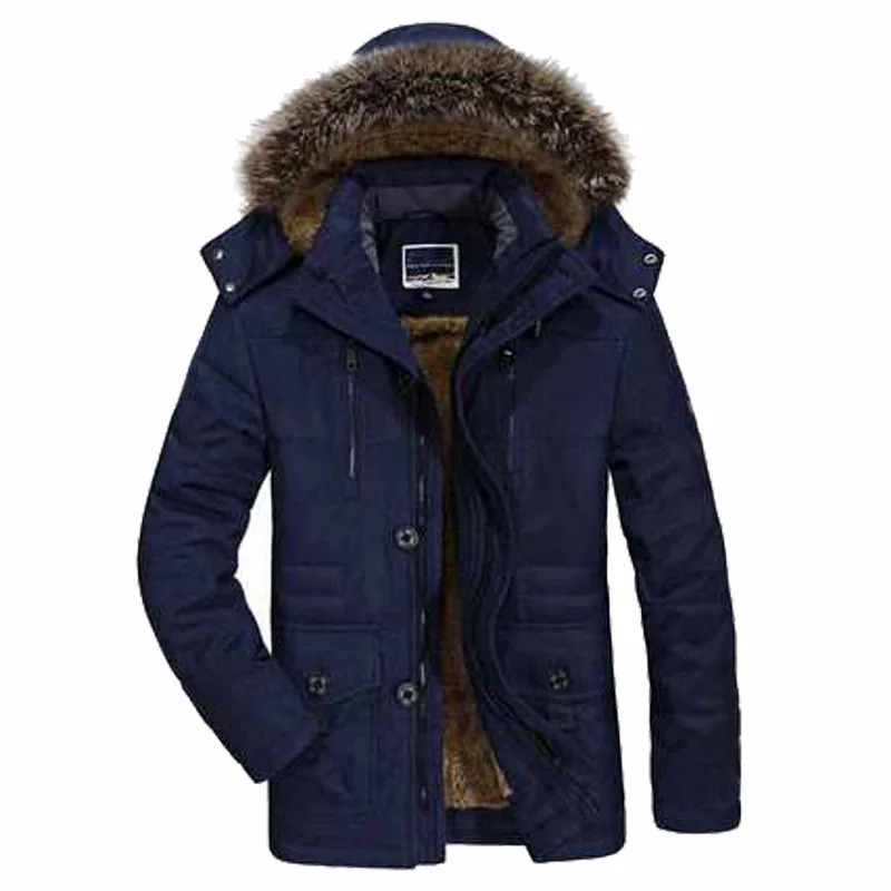 Men Padded Cotton Coat Thicken Winter Plush Fur collar Hooded Long Outdoor Jakcket Wool Liner Jacket Snow Parkas 241126