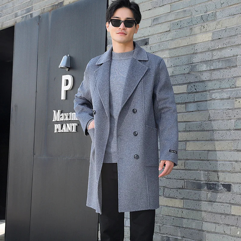 100 Merino Wool DoubleSided Coat Mens Suit Collar DoubleBreasted Coat Handmade Long HighStreet Business Top With Pocket 241024