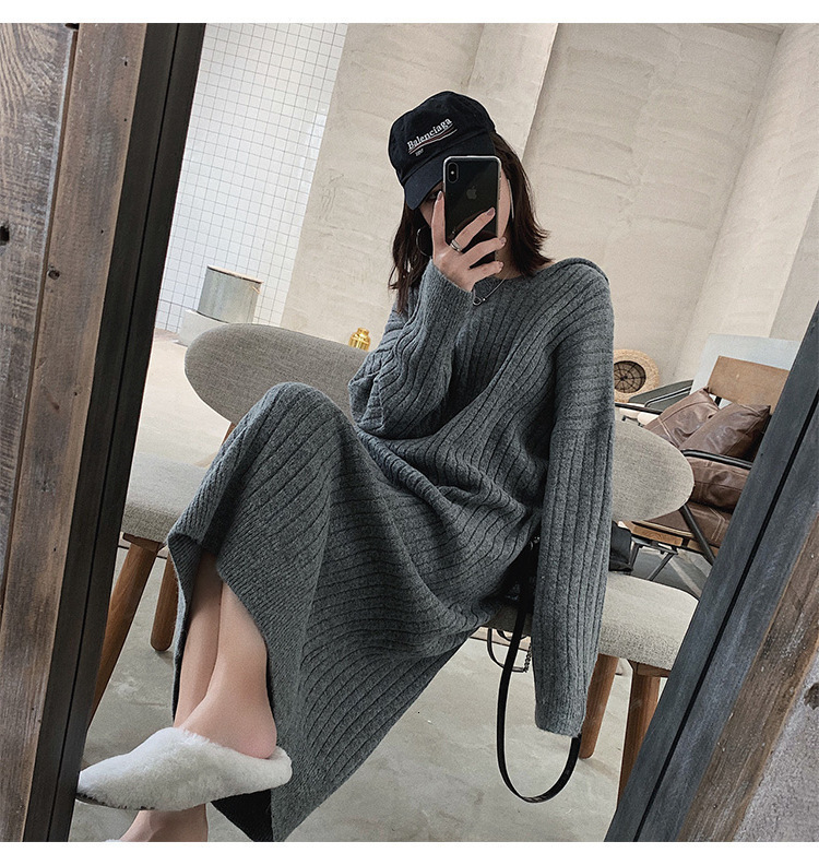 Long Over Knee Hooded Knitted Sweater Women Autumn Winter New Style Loose And Lazy Wind Driven Fur Dress Fashionable Base Dress For Women F1101#45