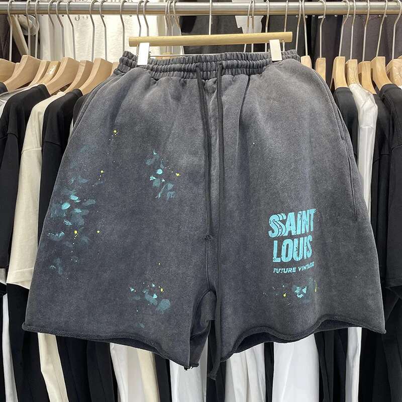 SAINT Clothing Handmade Ink Spray Retro Style Loop Fabric Summer Men's And Women's Casual Shorts Wash Black High Quality