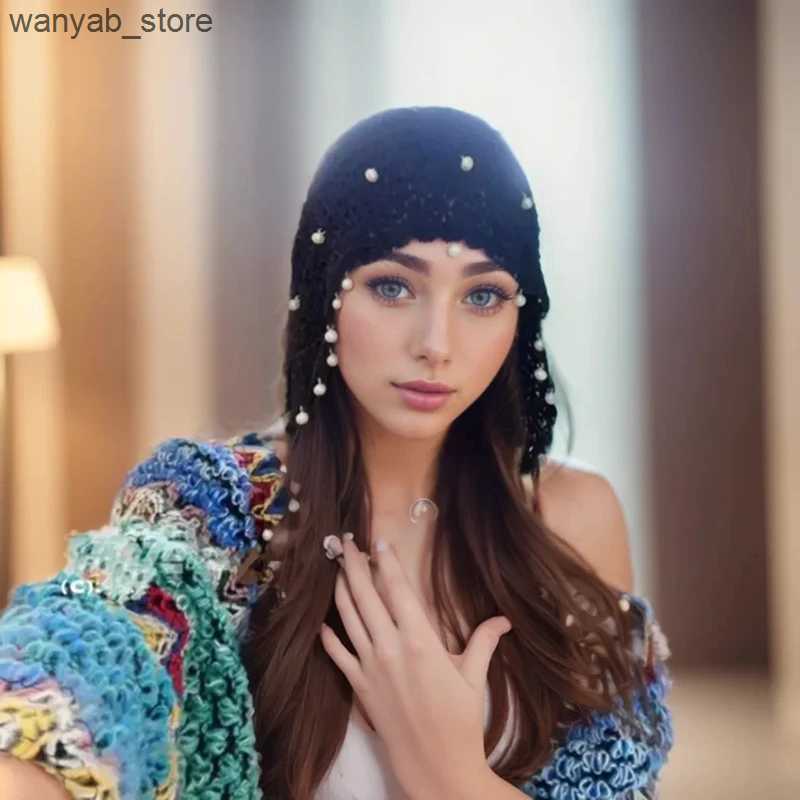 Wide Brim Hats Bucket Hats Womens Handmade Crochet Hollow Pearl Tassel Pullover Hat Retro Ethnic Style Literary Princess Hat Sexy Hot Girl Decorative 