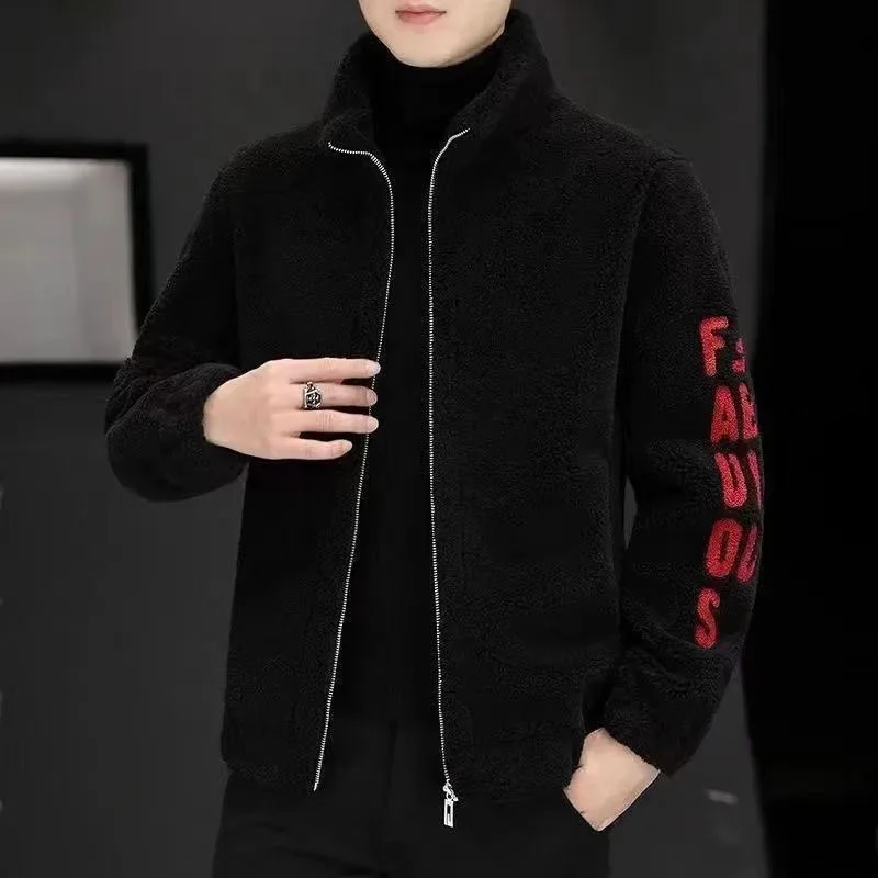 Autumn and Winter Mens Fleece Standing Neck Jacket Embroidered Sweater Leather Wool Lamb Coat Clothes Top 241031
