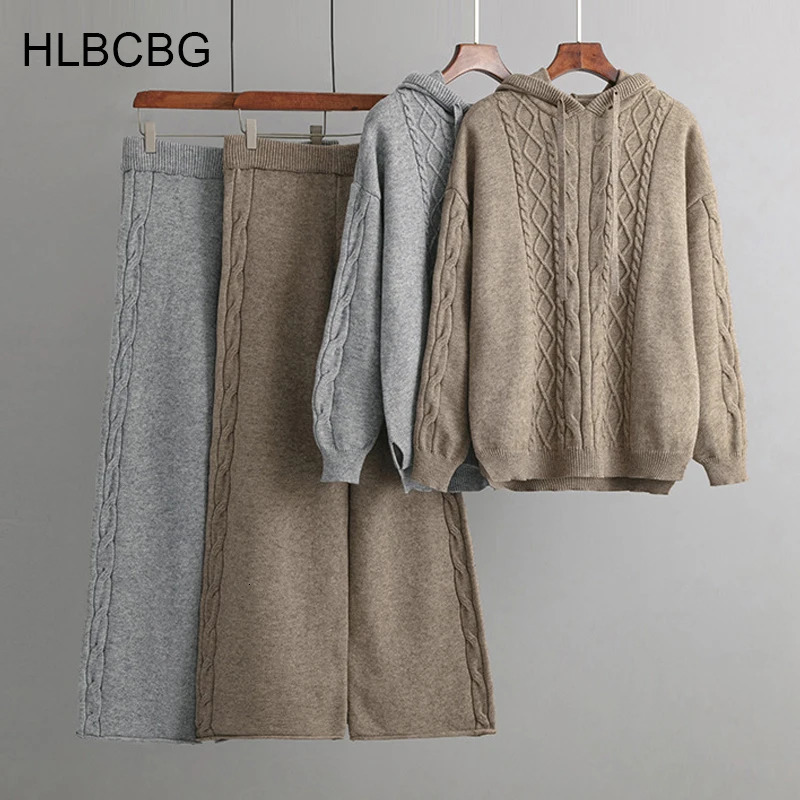 Womens Winter Knitted Suit Warm Loose Two Piece Sets With Hat Outifits Sweater Oversize Casual Knitwear Autumn Suits 241031