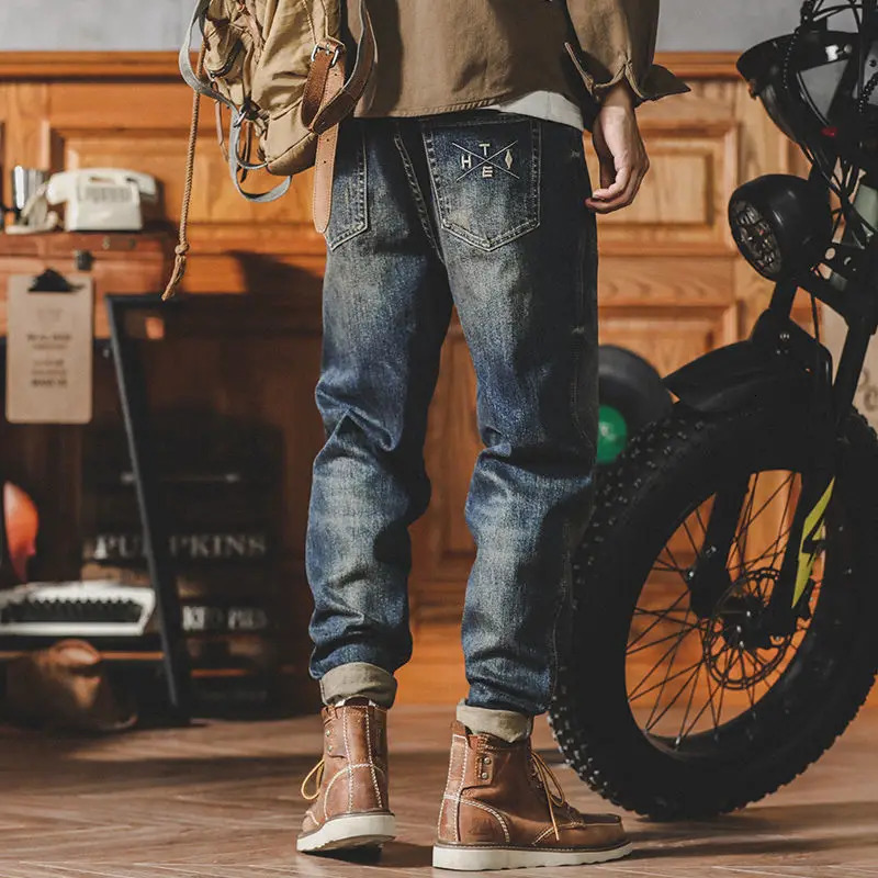 Mens Jeans Motorcycle Trousers Tapered Man Cowboy Pants Stretch Elastic Goth Korean Fashion Summer Denim Aesthetic Style 241024