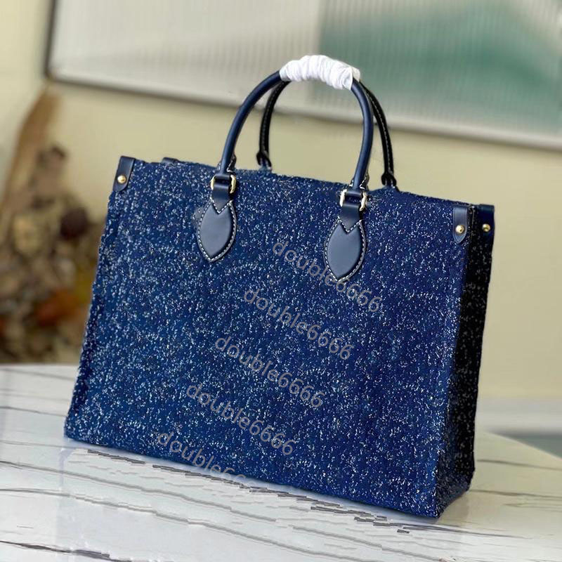 Womens shopping bags tote handbag denim blue printed fabric flower embroidery bag modern large capacity Totes Designer 59608