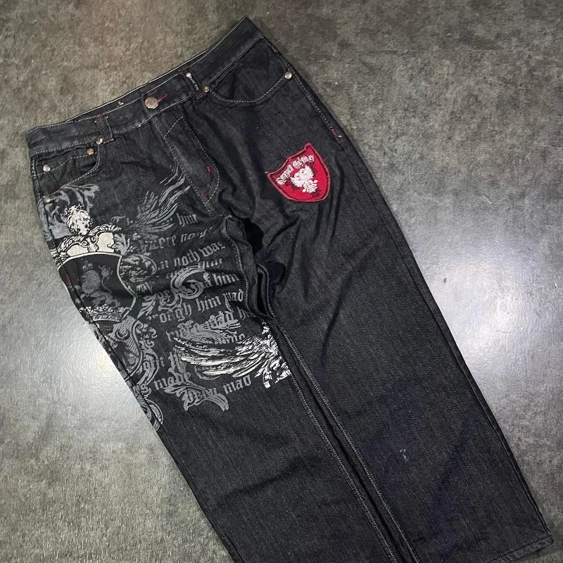 Streetwear Y2K Jeans Harajuku Hip Hop Retro Graphic Embroidered Baggy Jeans Black Pants Men Women Gothic High Waist Wide Trouser 240319