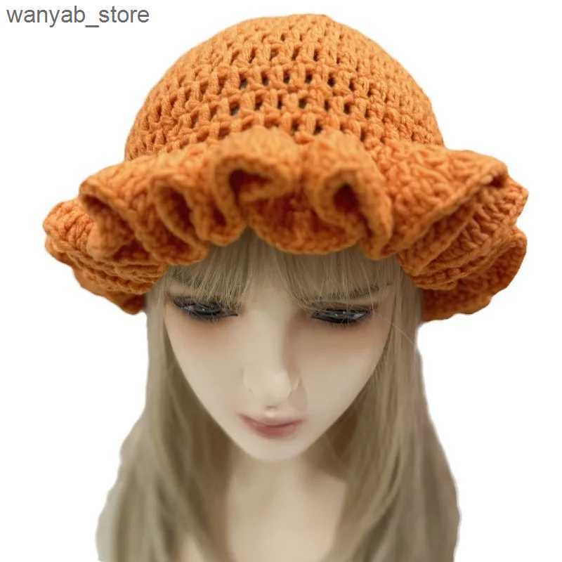 Wide Brim Hats Bucket Hats Ladies 2024 solid color ruffle edge crocheted wool hat frilly basin hat autumn and winter fun warm bucket hat L240910