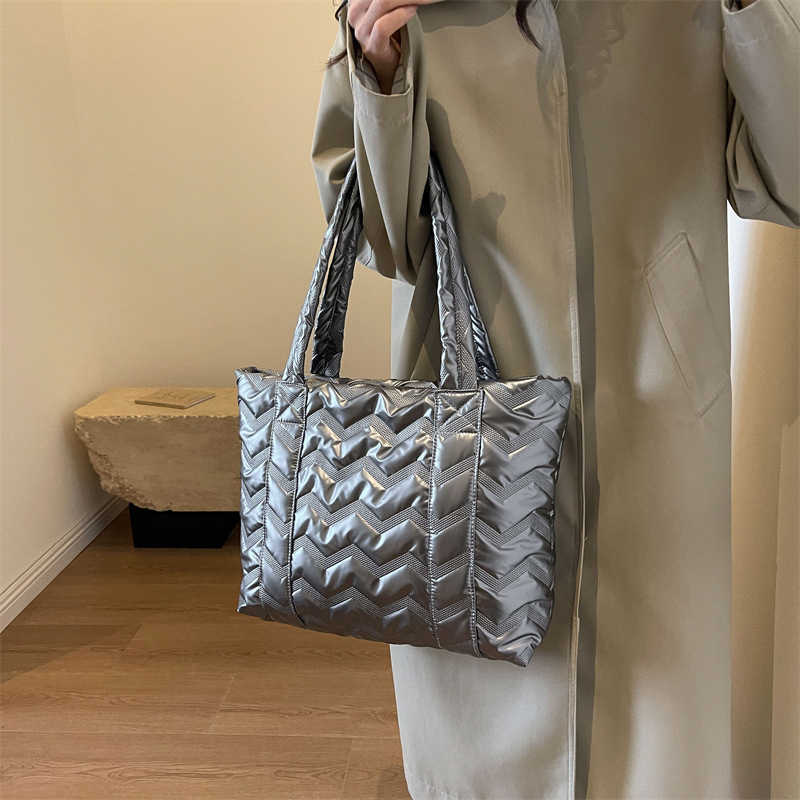 CMM Womens Winter New Large Capacity Fashion Autumn Winter Pearlescent Cotton Jacket Shoulder Bag Down Commuter Tote Bag