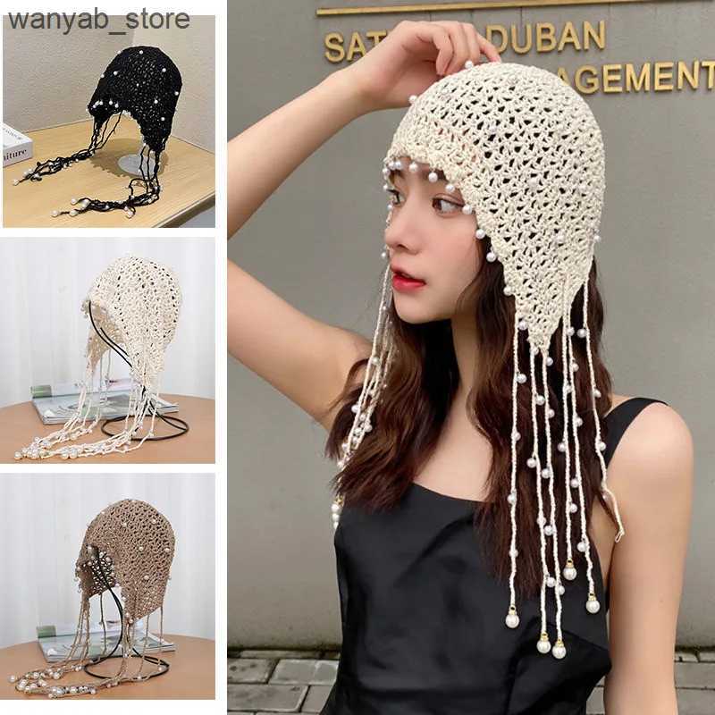 Wide Brim Hats Bucket Hats Womens Handmade Crochet Hollow Pearl Tassel Pullover Hat Retro Ethnic Style Literary Princess Hat Sexy Hot Girl Decorative 