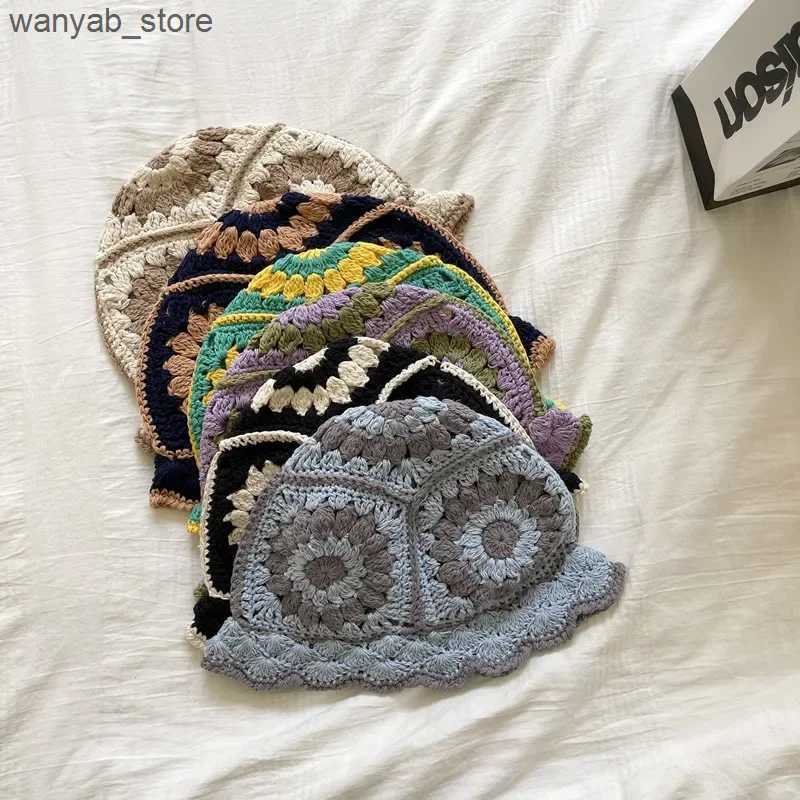 Wide Brim Hats Bucket Hats Women Hollow Flower Knitted Fisherman Hat Handmade Crochet Matching Basin Hat Spring Summer Sunscreen Sun Hats Female Panam