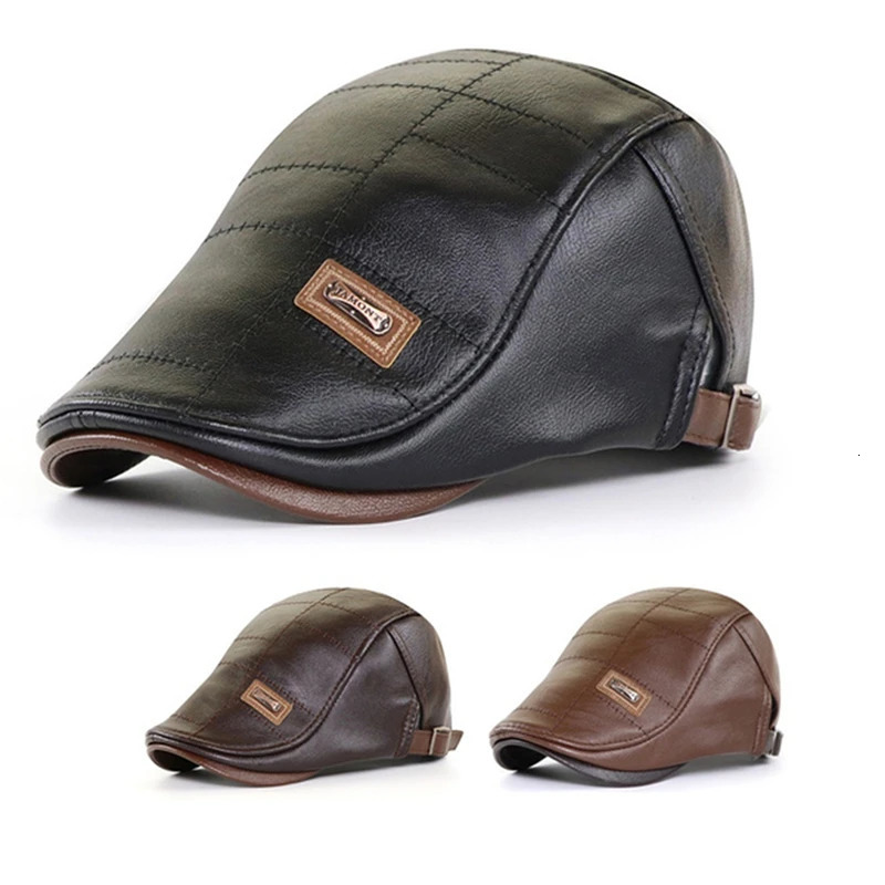 Autumn Winter Men Beret Hat Real Leather Flat Cap Male Adjustable High Quality Fashion Warm Mens Retro Caps 2024 241031