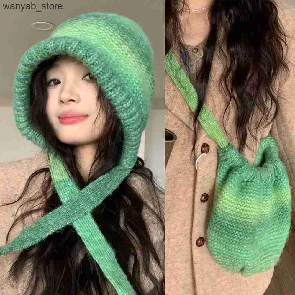 Wide Brim Hats Bucket Hats Funny Bag Hat Thicken Knitted Winter Warm Pullover Hat Big Headband Strap Skullie Cycling Ear Protection Couple Cap Accesso