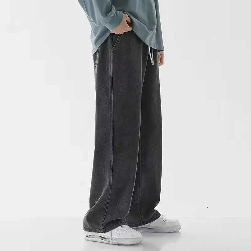 Spring Autumn Mens Jeans Japanese Vintage Elastic Waist Casual Straightleg Pants Trendy Wideleg Trousers Loose Fit 241024