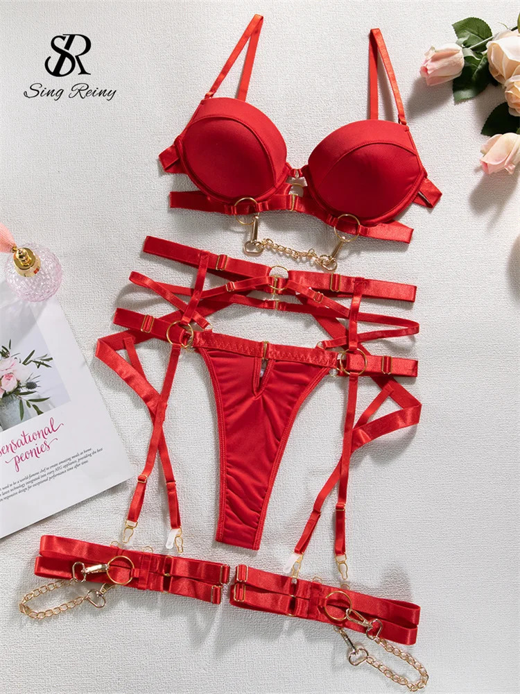 SINGREINY Sexy Fashion Chain Erotic 3 Pieces Sets Ladies Straps Backless Corset Underwear Solid Erotic Sensual Bra Briefs Suits 241031