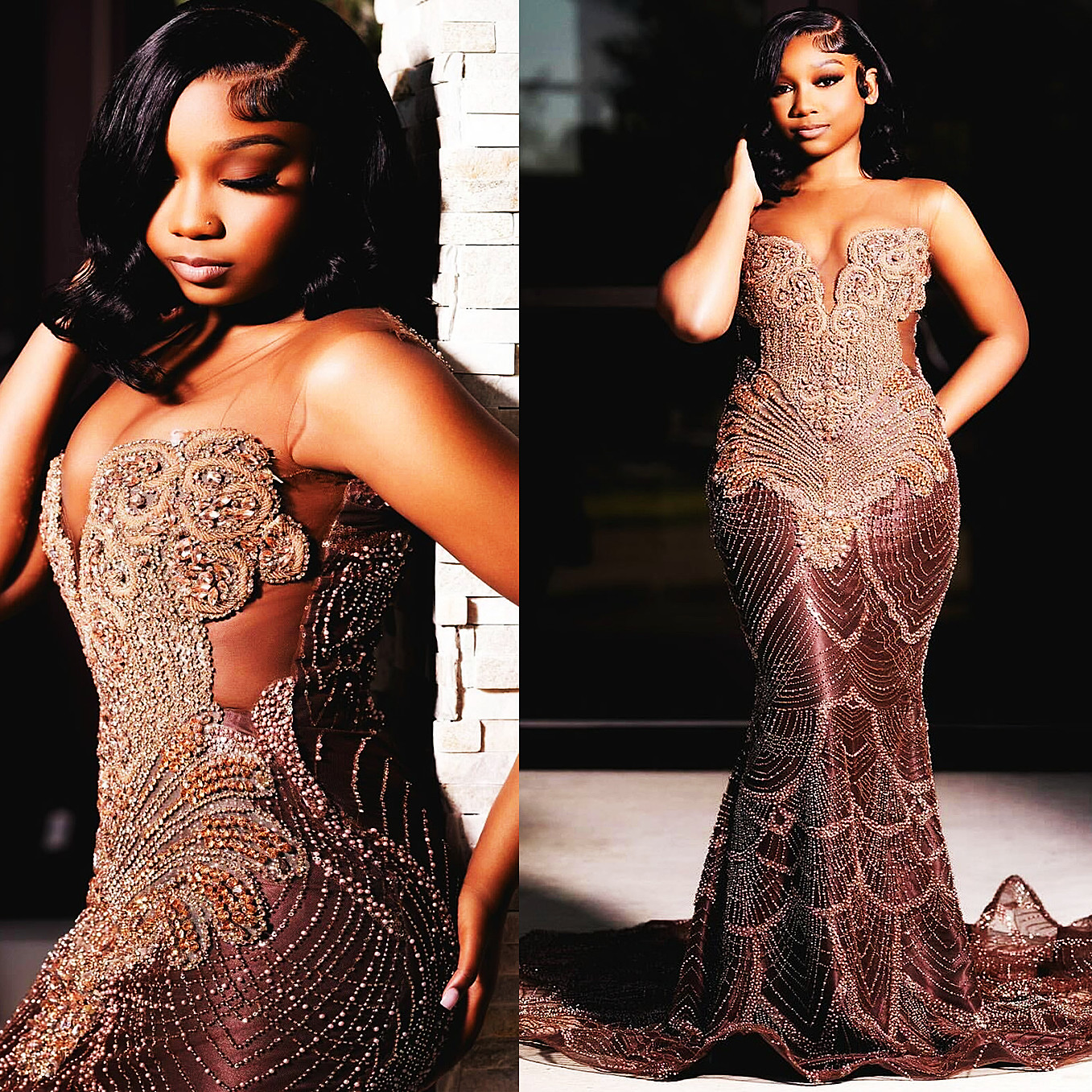 Aso Ebi Brown Mermaid Prom Dress Beaded Crystals Sequined Evening Formal Party Second Reception Th Birthday Engagement Gowns Dresses Robe De Soiree ZJ