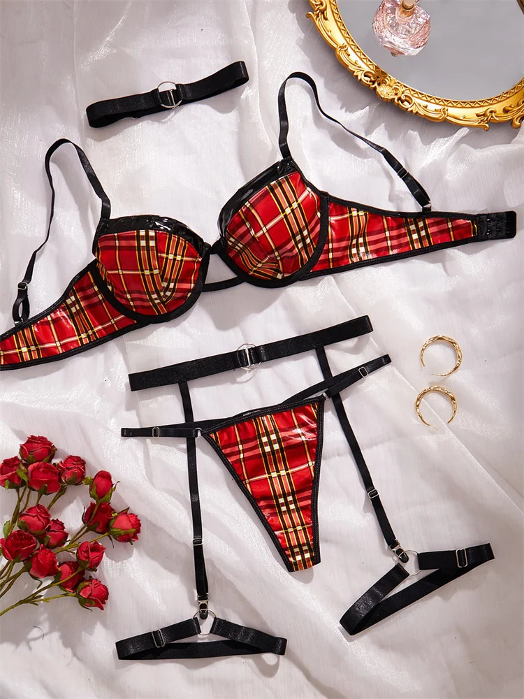 Sexy Christmas Lingerie Pu Leather Bra and Panty Set Red Plaid Sexy Push Up Lingerie 4 Pieces Erotic Sets Underwear Women Fancy 241031