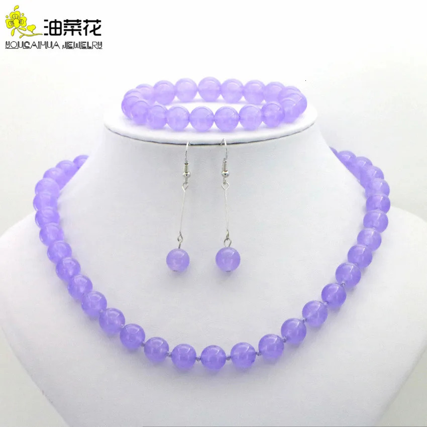Fashion 10mm Natural Lavender Jade Bead Necklace Bracelet Earrings Handmade Jewelry Set Grade 241031
