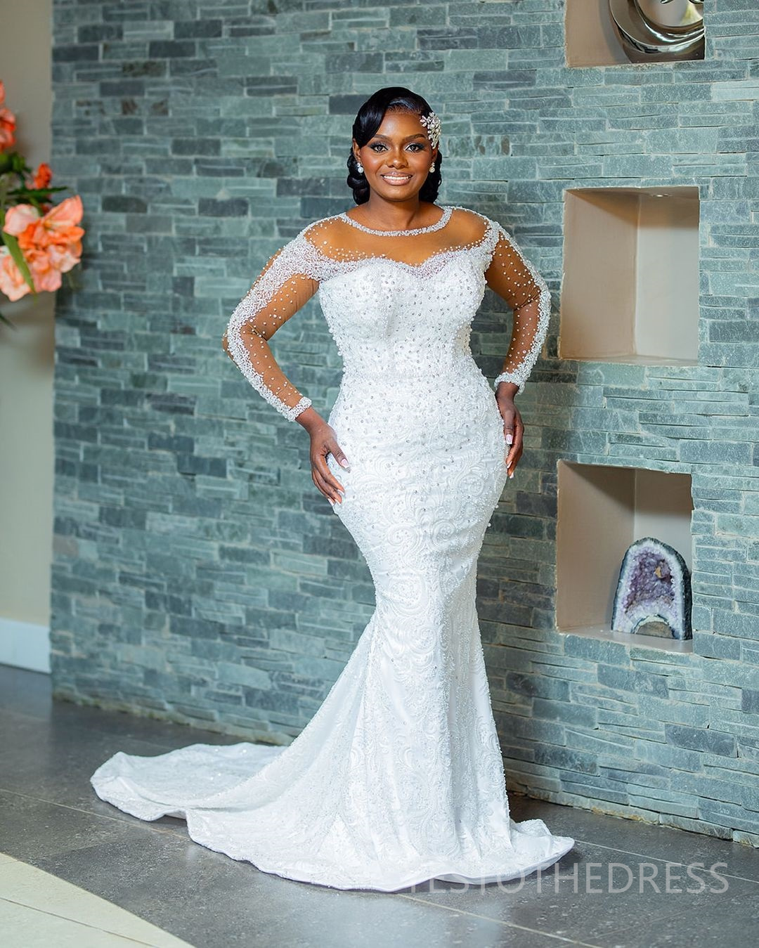 2024 Plus Size African Mermaid Wedding Dress Detachable Train Bridal Gowns For Bride Illusion Sheer Neck Long Sleeves Beaded Lace Wedding Gowns For Bl